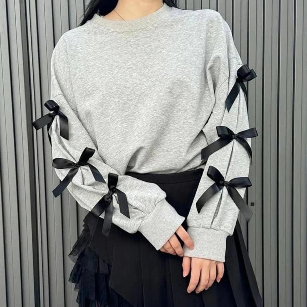 Gray Long Sleeve Hoodie with Black Embellishments
